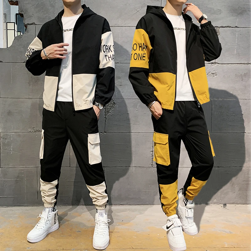 

Dropshipping Patchwork Hip Hop Casual Men's Sets 2020 Korean 2 Piece Sets Clothes Men Streetwear fitness Male Tracksuit Spring