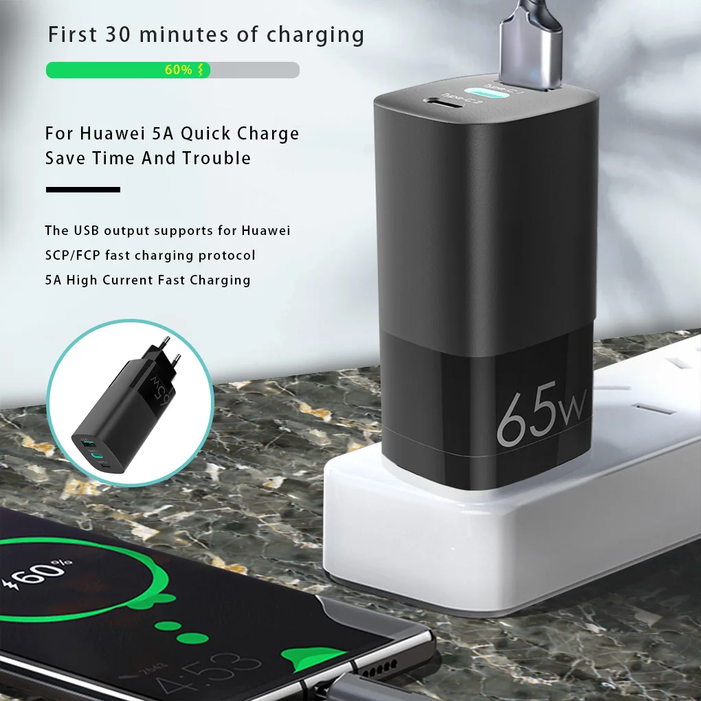 

65W GaN Quick Charger QC3.0 Type C PD Wall Charging Dual USB Charge Fast Charger Adapter For iPhone 11 12 Xiaomi Laptop Huawei