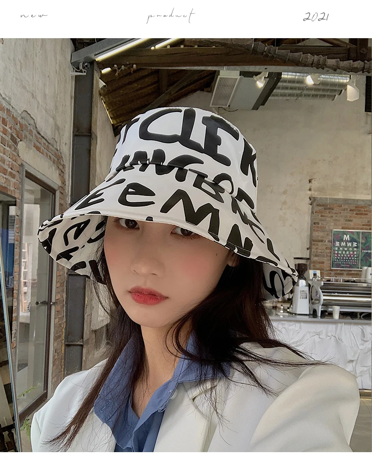 

PU Leather Graffiti Letters Fisherman Hat Women's Brand All-Matching Fashion New Hip Hop Sun Protection Face Small