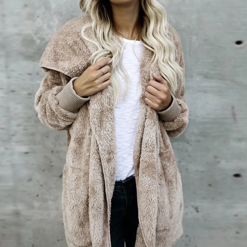 2019 зимний флисовый свитер шерпа с капюшоном оверсайз длинный кардиган Тедди