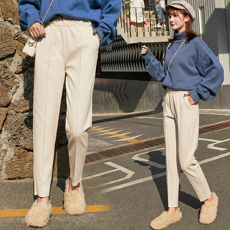 

Woolen Harem Pants Women Trouser 2019 Fall Winter New Casual Warm Wool Pants Female Fashion Pocket Ankle Length Pants Black Grey