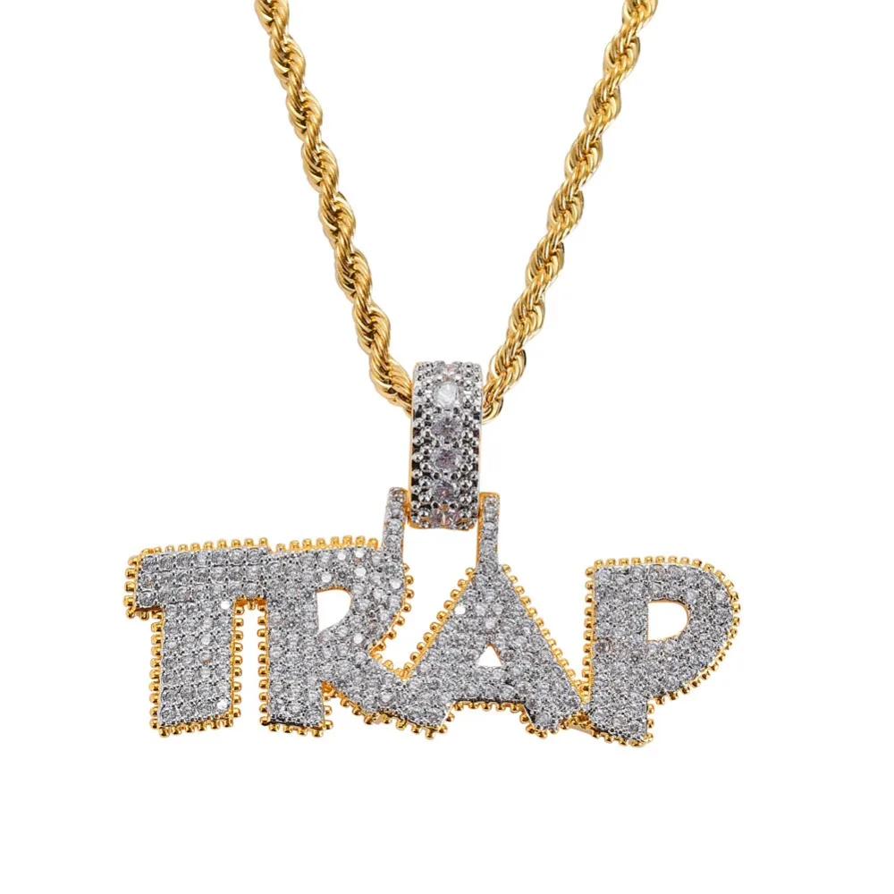 

Men Hip Hop Ice Out Bling TRAP Letter Pendants Necklaces Pave Setting Zircon fashion PoPular Charm necklace Hiphop Jewelry gifts