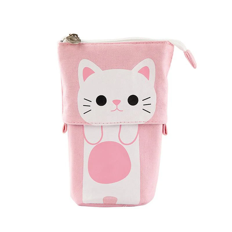 

Pencil Holder Canvas+PU Cartoon Cute Cat Telescopic Pencil Pouch Bag Stationery Pen Case Box with Zipper Closure School Supplies