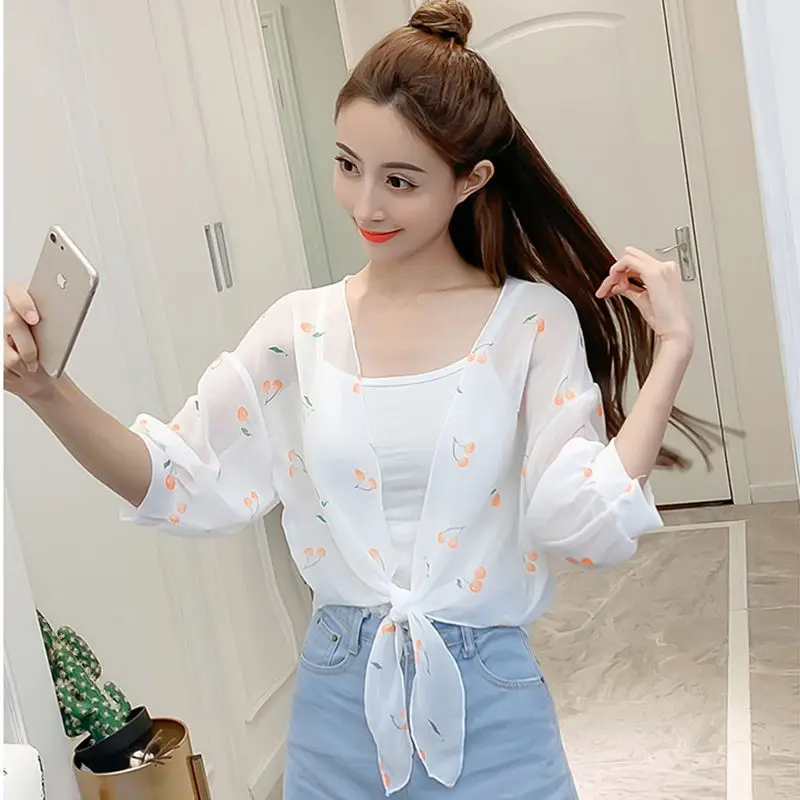 

Шифоновая шаль, универсальная, короткая, солнцезащитная, женская одежда, корейский летний свободный тонкий кардиган, дышащее пальто Y88