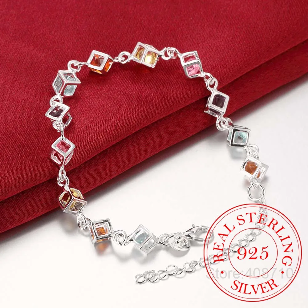 Браслет женский из серебра блестящий кристалл CZ пробы с кубиком счастья |