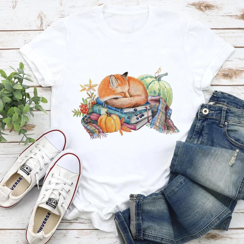 

Women's T-shirt Cartoon Fox Pattern T-shirt Women Girls T-shirt White T-shirt Summer Tops Round Neck Ladies Clothes