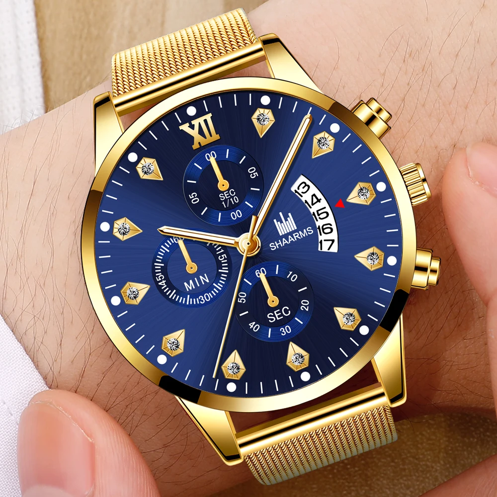 Часы наручные мужские кварцевые с сетчатым браслетом люксовые модные деловые