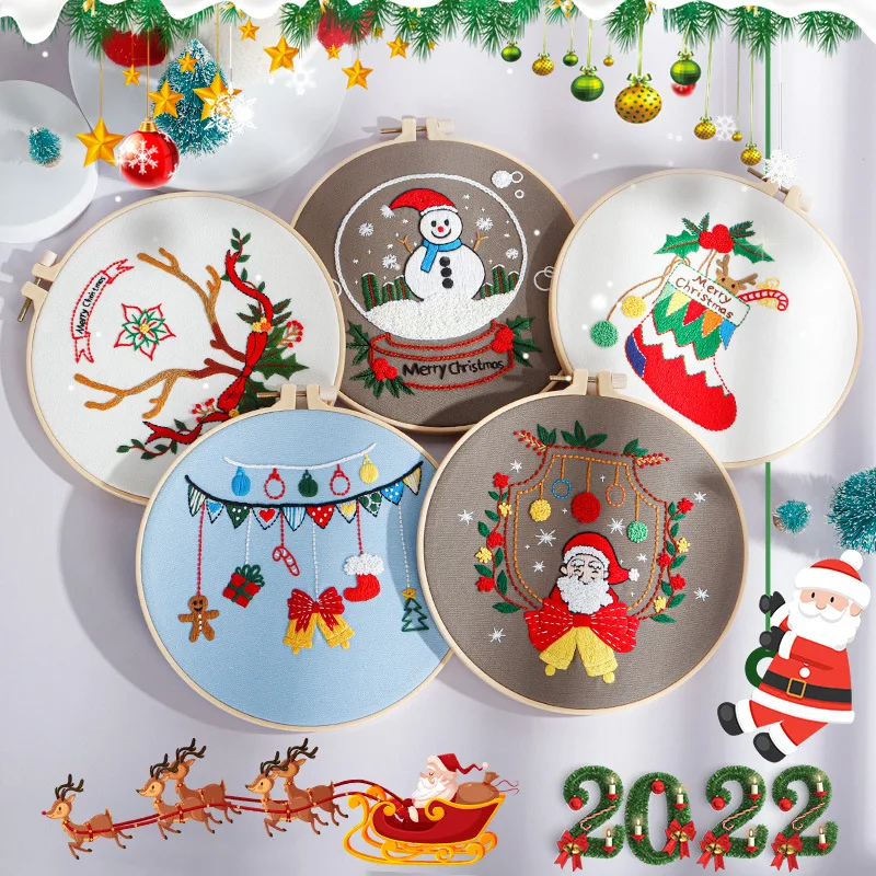 

20cm DIY Christmas Embroidery Set for Beginner Needlework Kits Santa Claus Cross Stitch Series Needle Arts Crafts Sewing