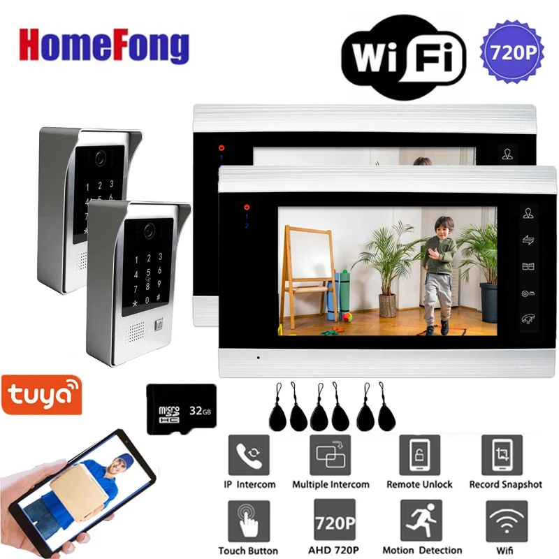 

Homefong 7 Inch 2v2 WiFi Smart Wired Video Door Phone Intercom Door Entry System Doorbell Motion Record Password RFID Card IP65