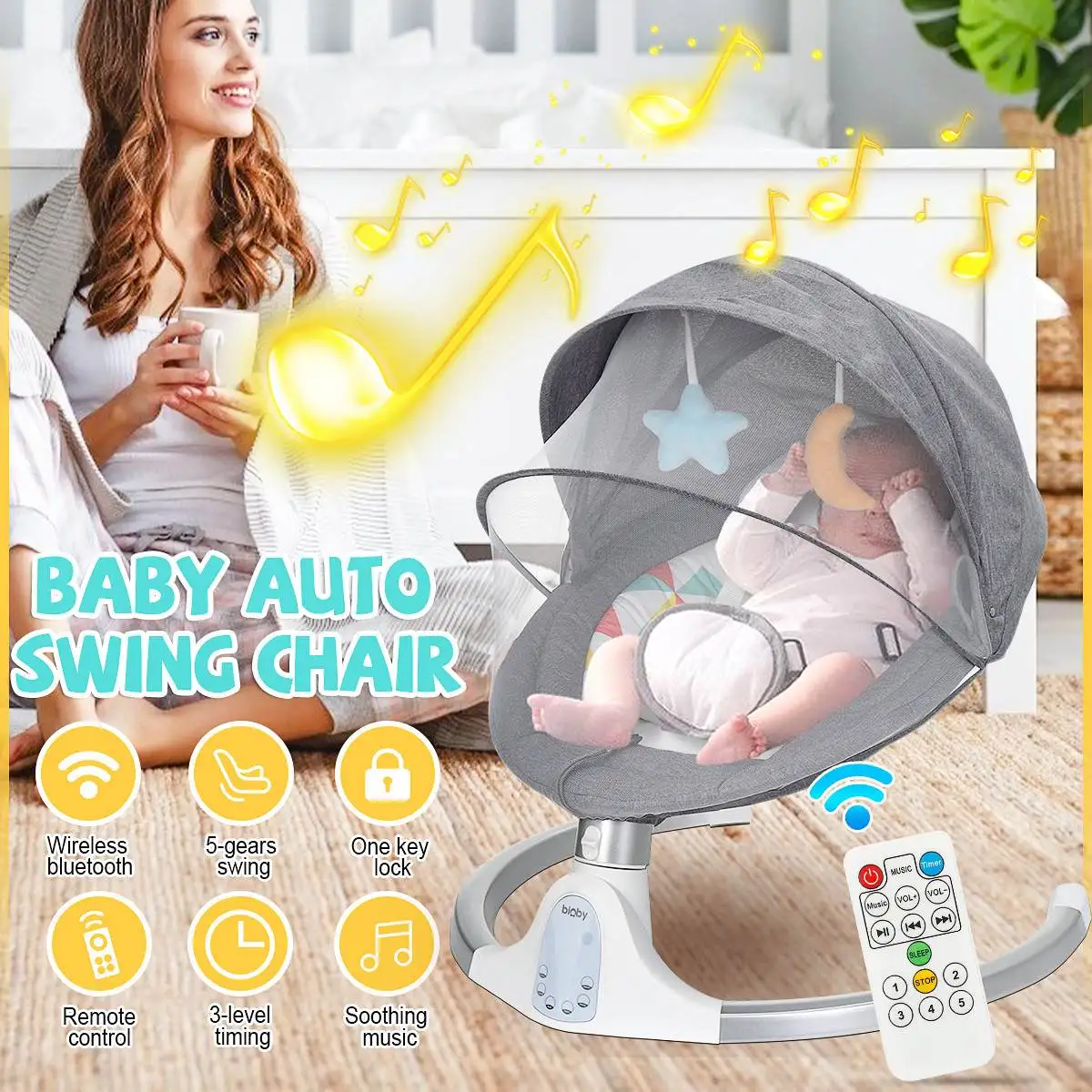 BIOBY Baby Swing for Infants Motorized Portable Swing Bouncer Chair Rocker Soothing Music Sleeping Speaker with Remote Control