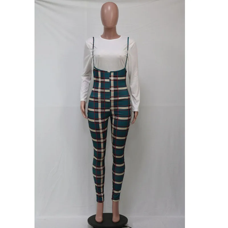 

TNNAOFF SlimTwo Piece Tracksuits Women Set White Long Sleeve T Shirt Fashion Sling Plaid Jumpsuits Streetwear Club Matching Sets