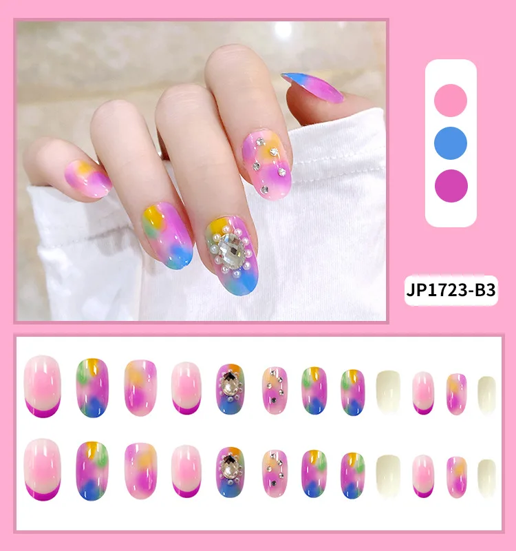 

24pcs Colorful Pearl Nails Patch with Diamond Glue Type Removable Fashion Manicure False Nails Patch Gifts for Gifts FA