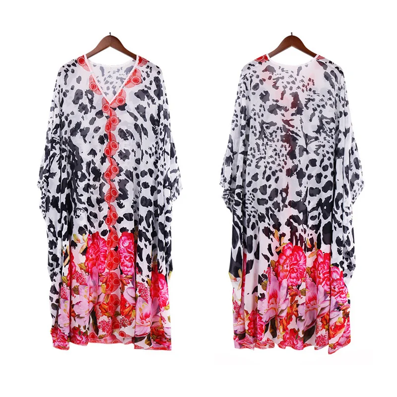 

Over Size Bohemian Chiffon Beach 2021 V neck Leopard Print Beachwear Summer Dress Robe Plage Swimsuit Cover up