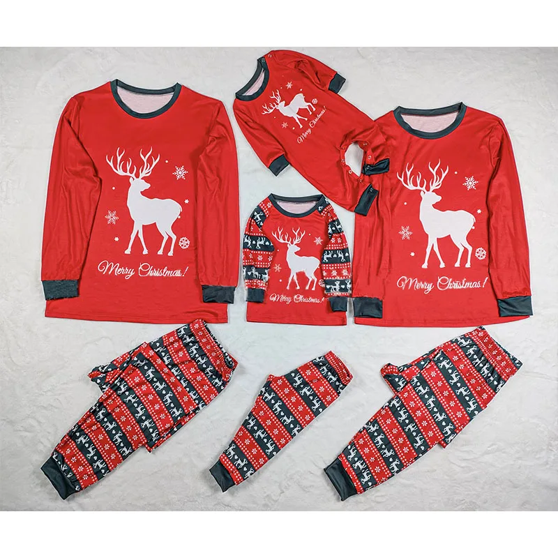 

2021 Fall/winter Christmas Family Matching Pajamas Set New Year Deer Printed Red Homewear Baby Rompers Mom Daddy Kid Family Look