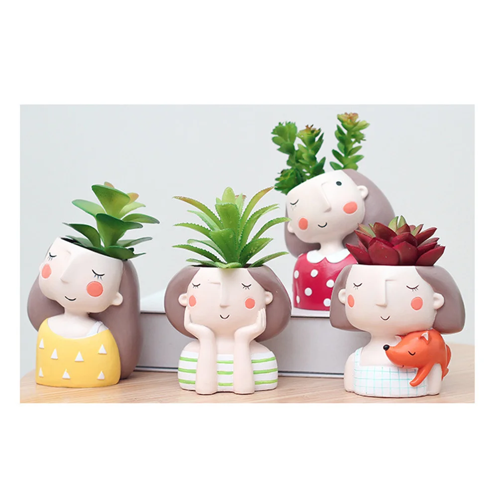 

4pcs Cartoon Lovely Girl Succulent Pot Planter Bonsai Potted Flowers Desktop Decoration Home Office Decor Craft