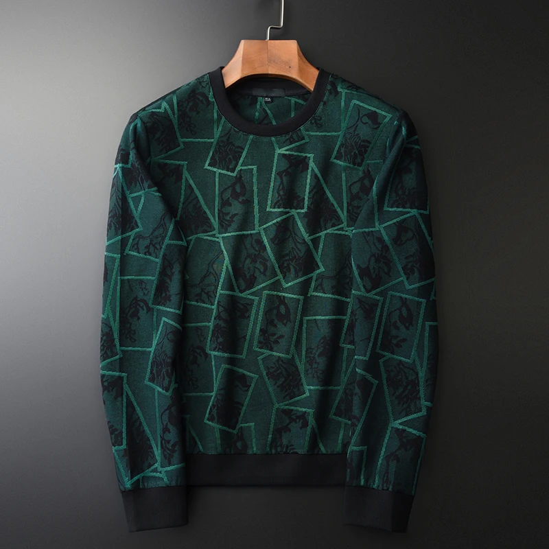Green Round Collar Male Luxury Geometric Yarn Dyed Jacquard Sweatshirt Men Plus Size 4xl Slim Fit Mens Hoodies