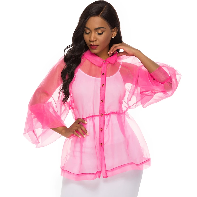 Женские прозрачные блузки рубашки топы тонкие тюлевые рукава фонарики