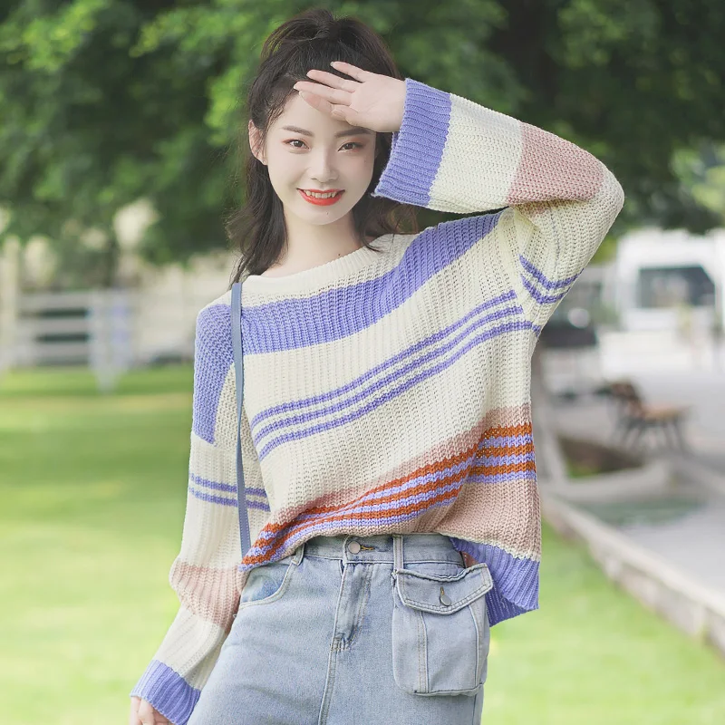 

Chic Khaki Autumn and Winter 2020 New Loose round Neck Sweater Women's Mixed Color Stripe Knitwear Base All-Matching Top Fashion