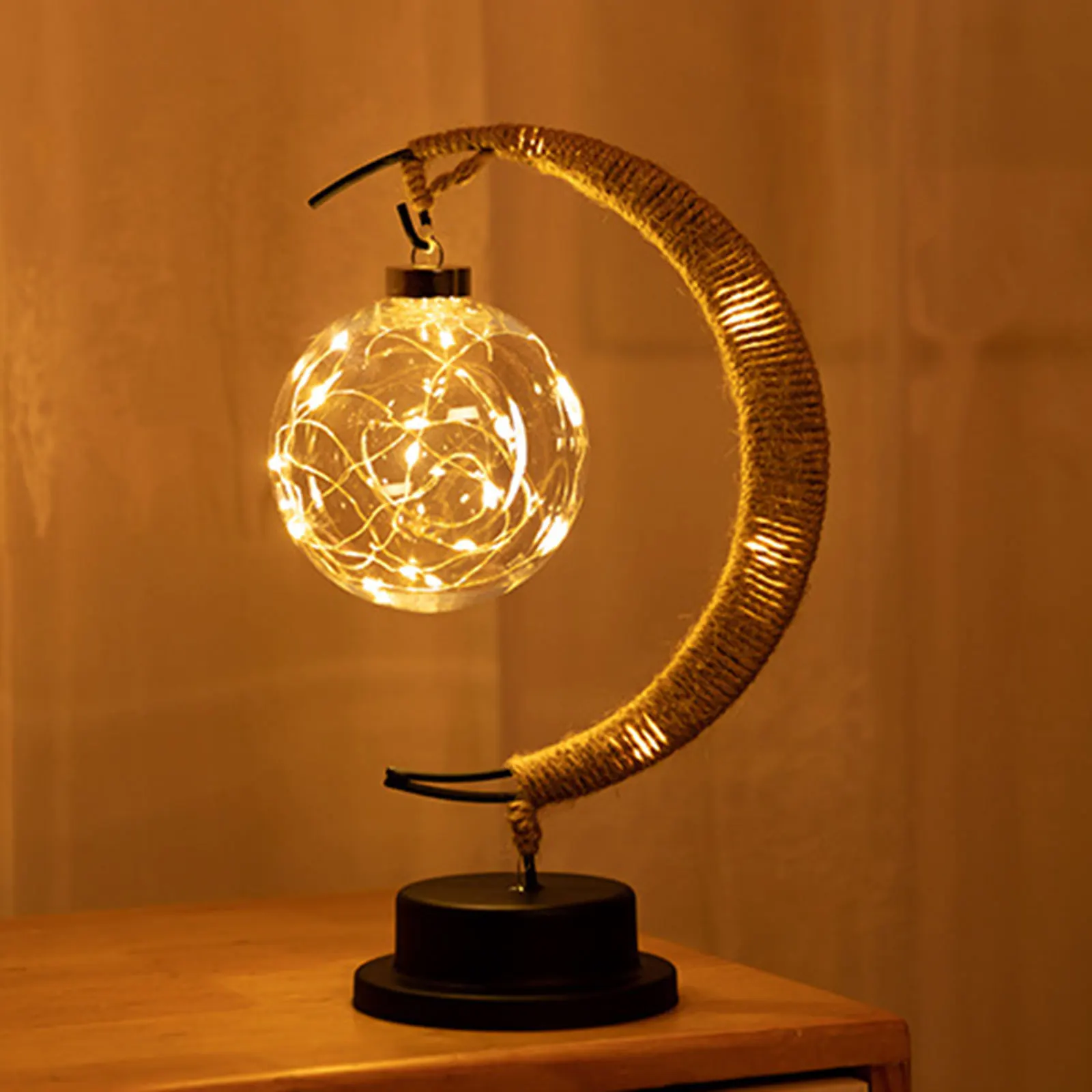 LED Moon Sepak Takraw Lamp Line Rattan Handmade Hemp Rope Wrought Iron Night Light Home Decoration Sleeping Lantern Light