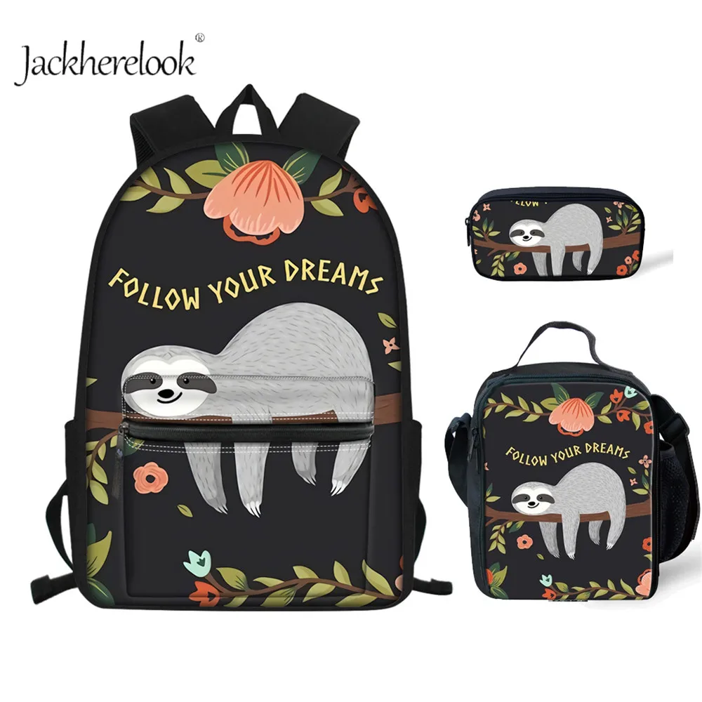 

jackherelook Cartoon Sloth Printed Girls 3pcs/Set Campus Backpack Pencil Bag Meal Bag Kawaii Female Shoulders Bag Kids Bookbags