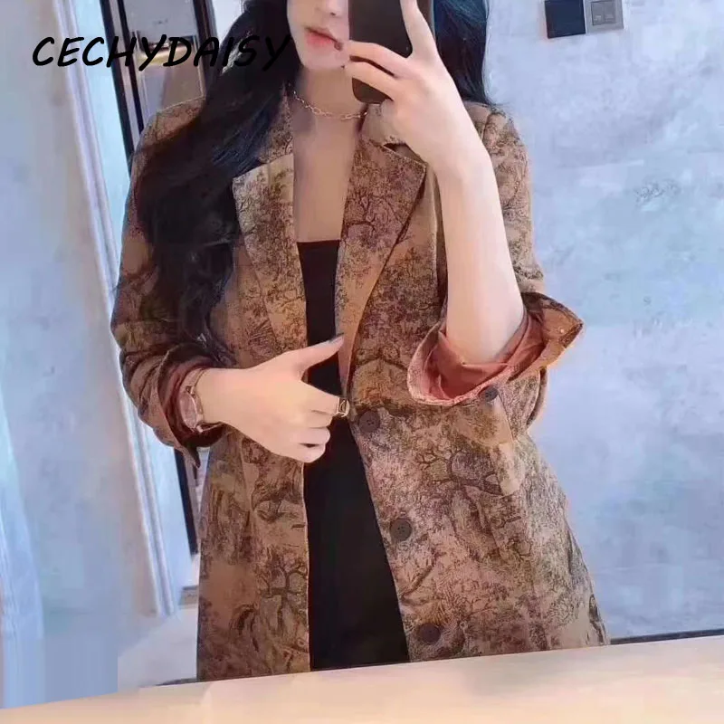 

Women Jacket 2021 Blazer Spring Fashon Animal Print Long Sleeve Single Breasted High Street Casual Coats Outwear Vetement Femme
