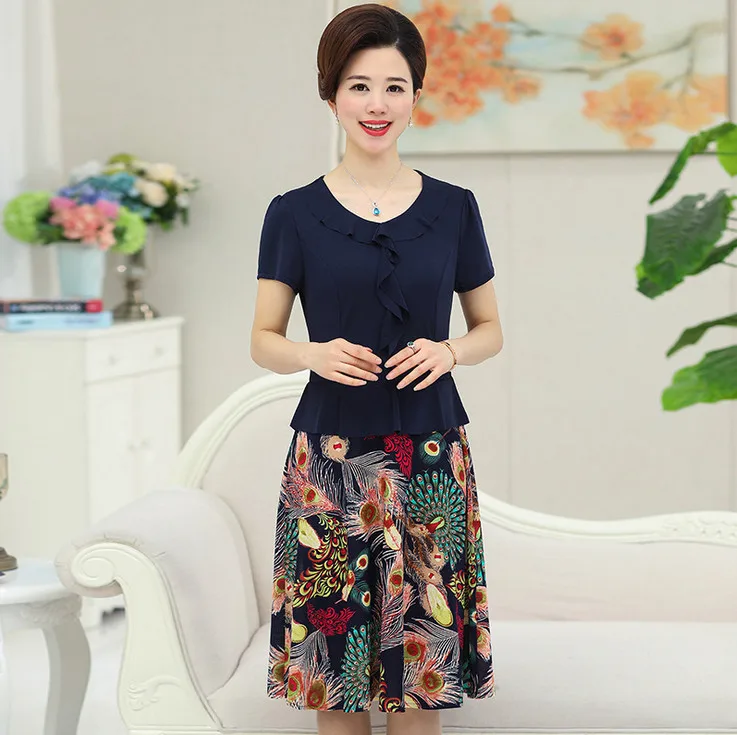 dark blue Платье с коротким рукавом, одежда для мамы среднего возраста, платья для работы, летняя новая мода, OL, с круглым вырезом, с принтом, имитация двух частей, женское платье - Цвет: dark blue