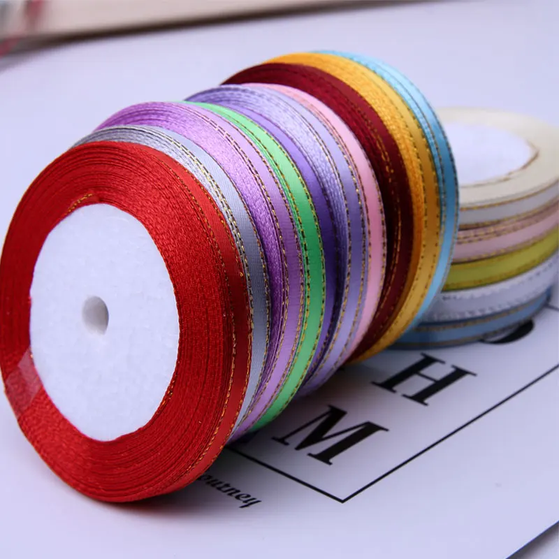 Атласные ленты с золотистыми краями 6 мм 22 метра в рулоне для свадьбы Рождества