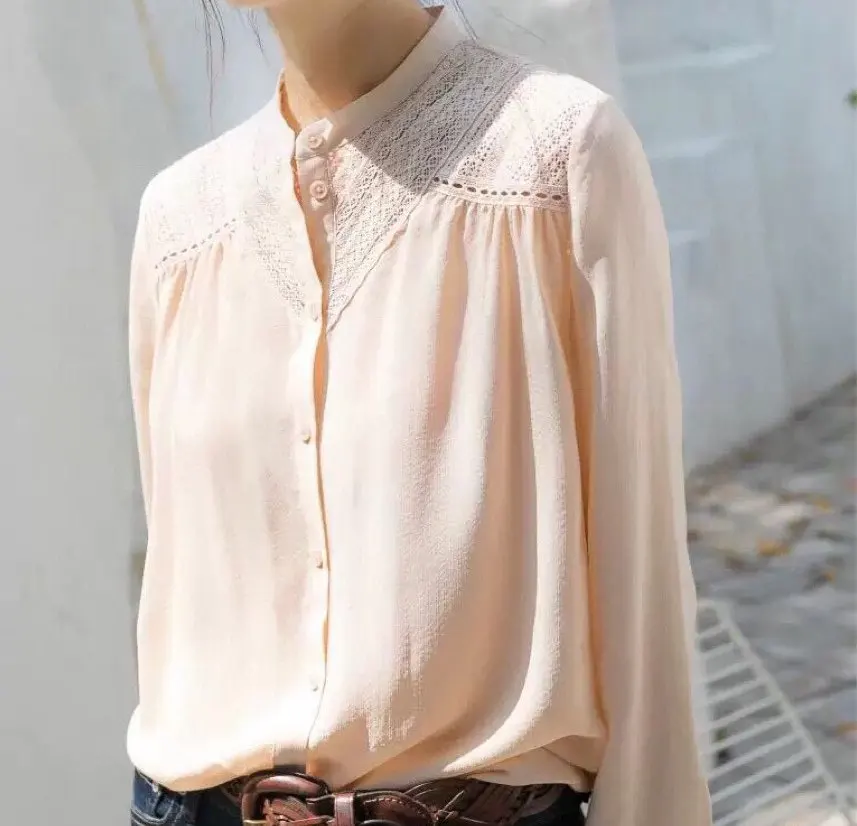 

Женская рубашка с воротником-стойкой, шелковая жаккардовая рубашка с шитьем и изысканным кружевом, новинка 2021