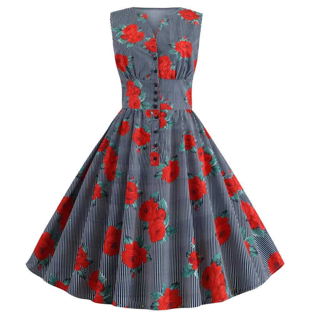 Summer Vintage Dress Women 2019 Sleeveless V-neck Floral Party Elegant Retro Rockabilly Dresses Big Swing Casual Vestidos | Женская