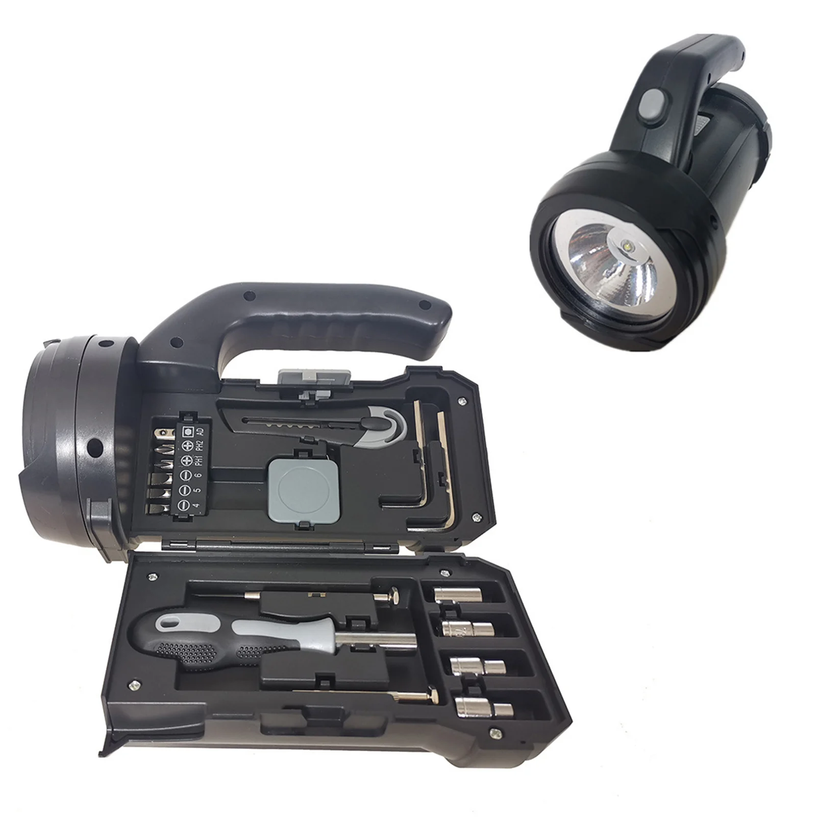 

Portable Flashlight and Tool Kit Torchlight with Built in Tools with built-in handle sleeves bits utility knives and other tools