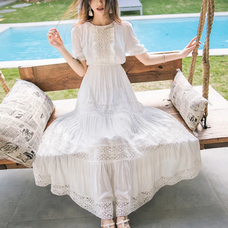 Ordifree летнее Boho женское Макси платье богемное белое кружевное хлопковое длинное пляжное платье-туника праздничная одежда