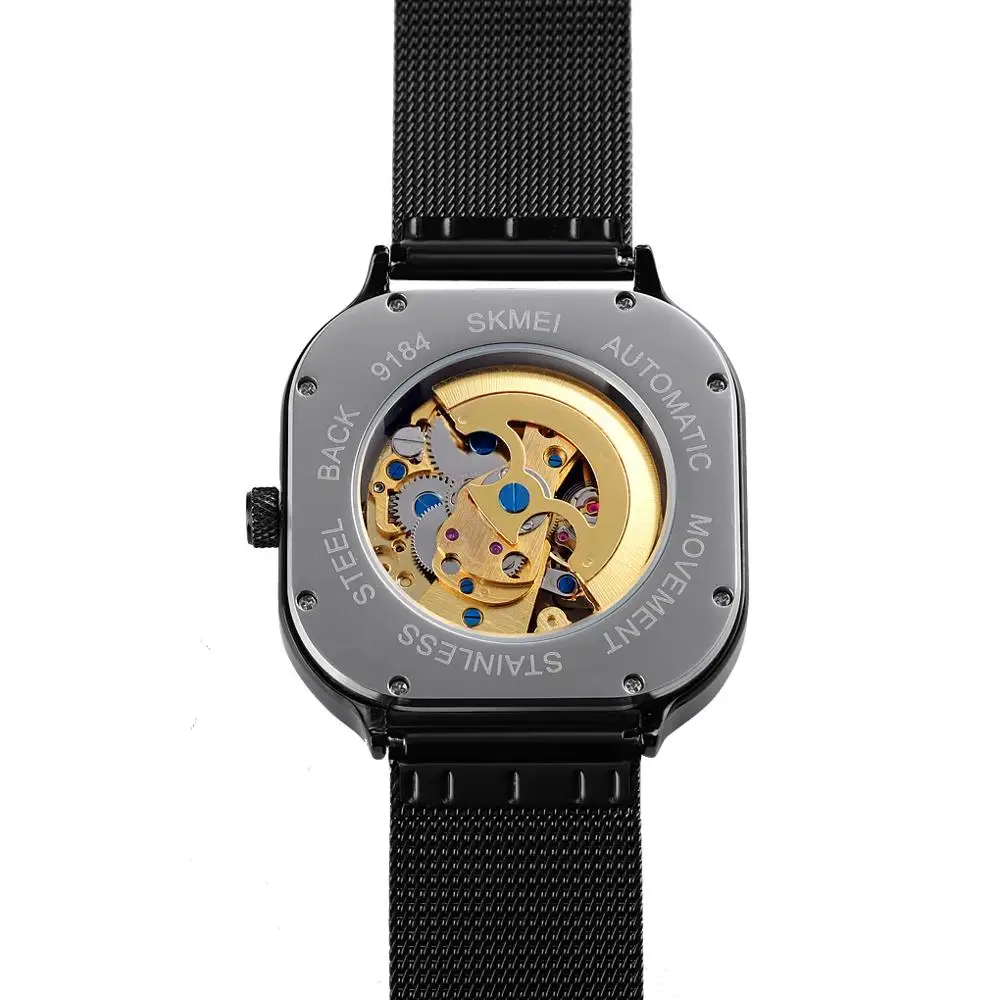 SKMEI Men Mechanical Watches Automatic Self-Wind Golden Transparent Fashion Mesh Steel Wristwatch Square Skeleton Wrist Watch enlarge