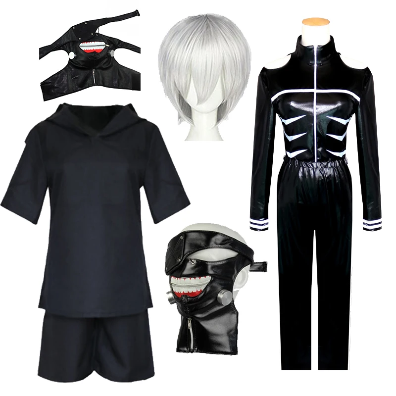

Anime Tokyo Ghoul Haise Sasaki Cosplay Costumes Kaneki Ken Whole Leather Coat+Pants+Jacket+Shorts Mask Wig Black Fight Uniform