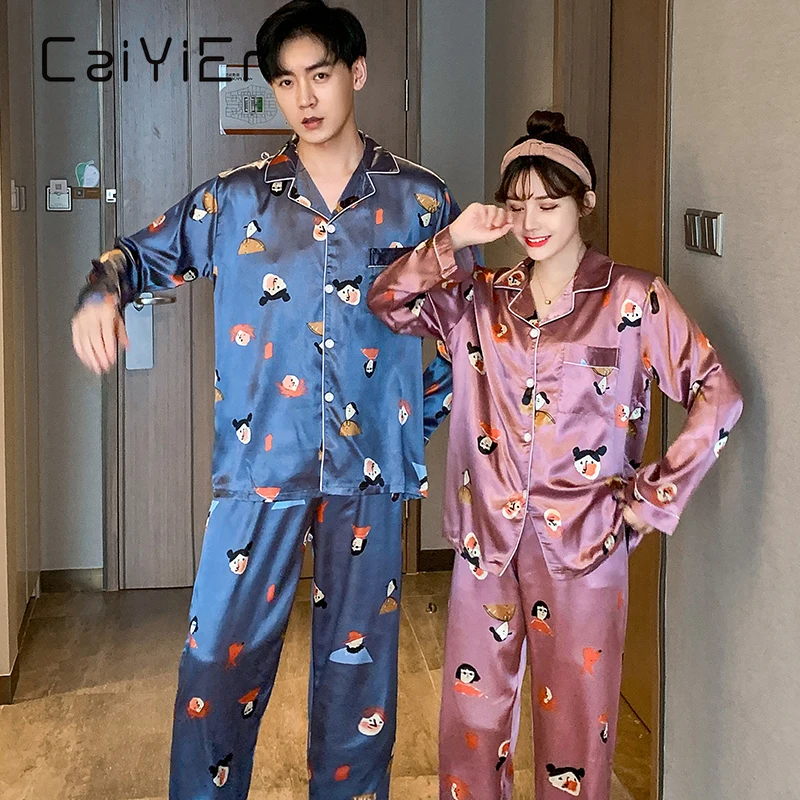CAIYIER Autumn Winter Cute Print Silk Pajama Set Loose Men And Women Nightwear Long Sleeve Long Pants Sleepwear Loungewear M-3XL