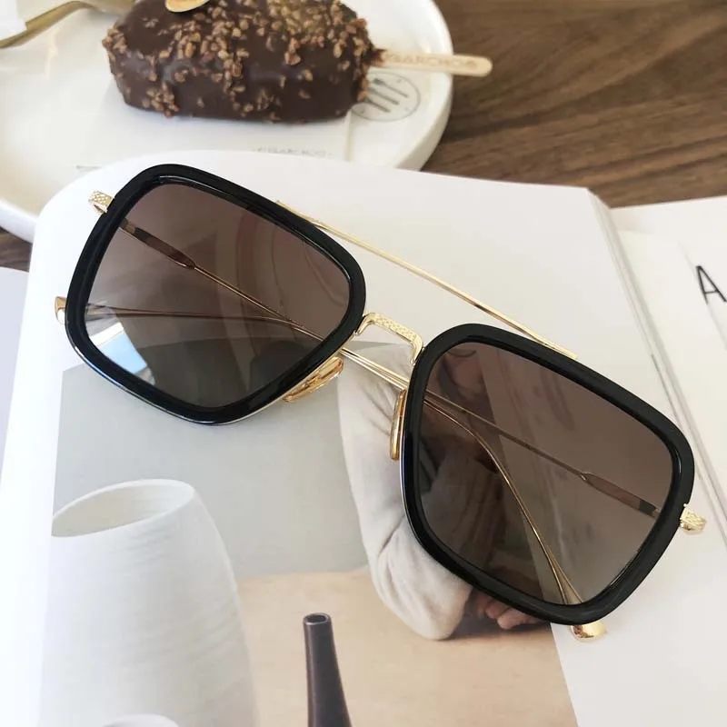 gold coffee Lens Мстители Tony Stark мужские солнцезащитные очки Брендовые дизайнерские Роскошные мужские модные высокое качество для знаменитостей Железный человек 3 очки для просмотра фильмов - Цвет линз: gold coffee Lens