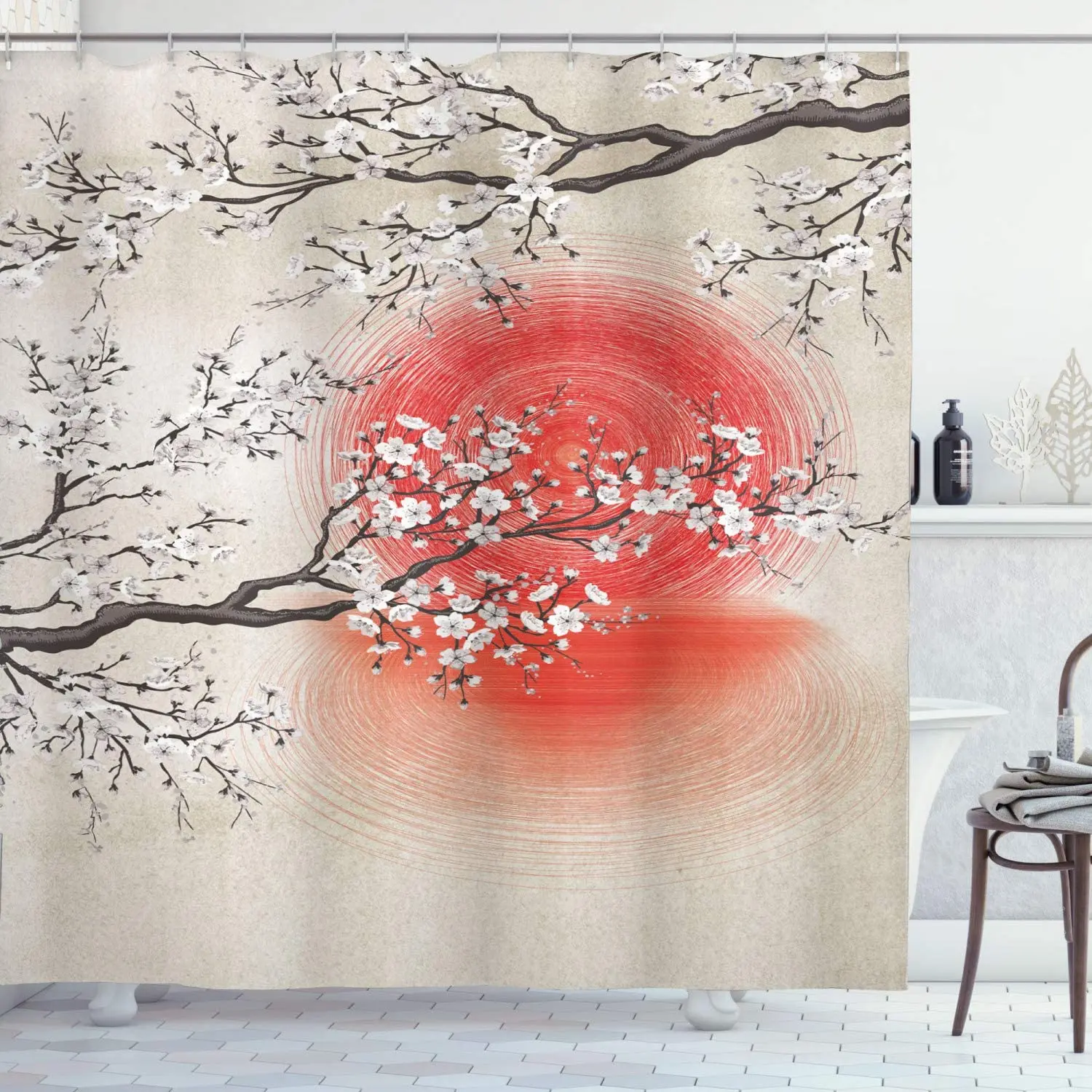 

Шторы для душа с цветами вишни, японские фольклорные цветы, Сакура, дерево, солнце, Полиэстеровая ткань, набор для декора ванной комнаты с кр...