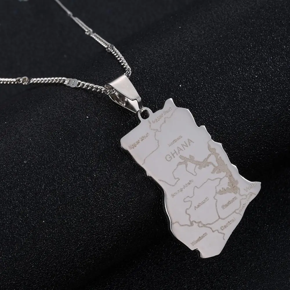 Нержавеющая Сталь Серебряный цвет Гана карта кулон ожерелья Ghanaian цепи ювелирные