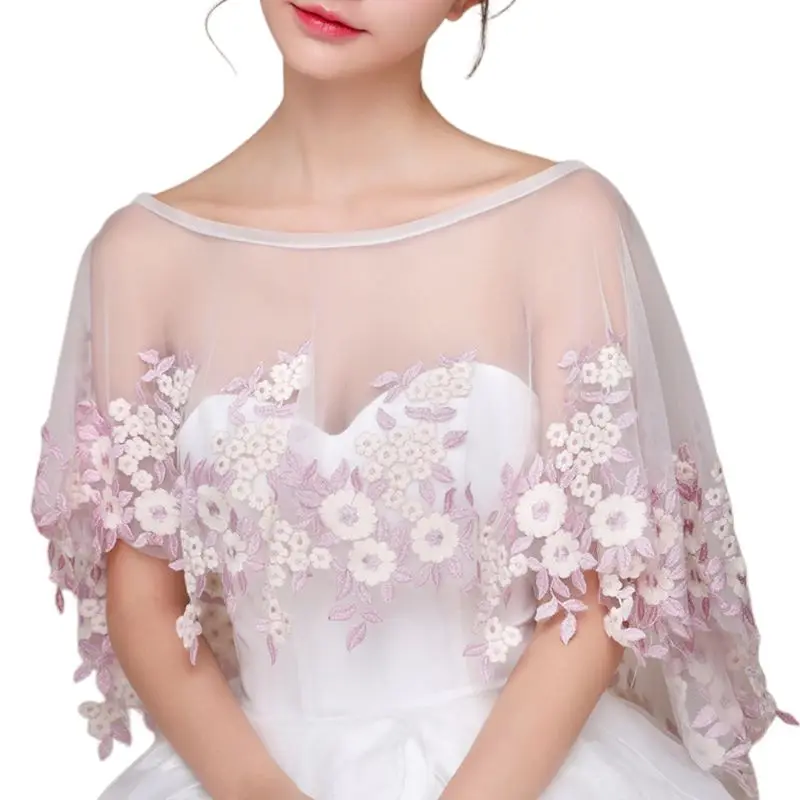 

Wedding Jacket Bolero Pink Flower Embroidery Appliques Bridal Shawl Wraps Cape