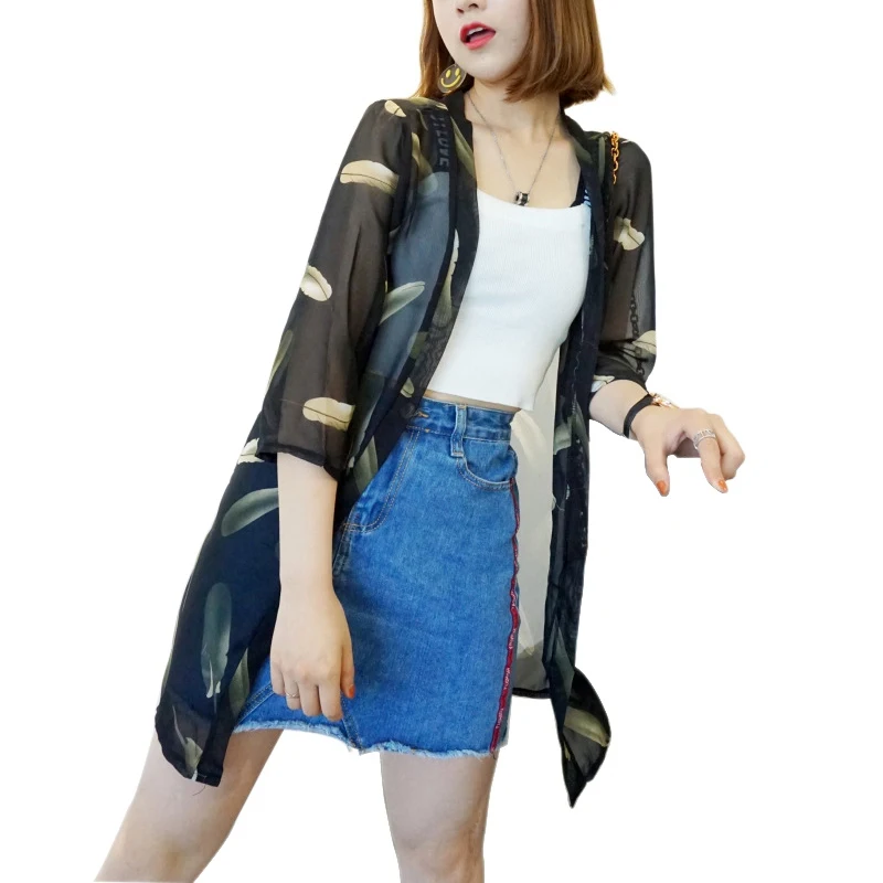 

Women Blouses Plus Size Printed Cardigan Women Tops V neck three quarter Loose Chiffon Blouse Kimono Cardigan One Size