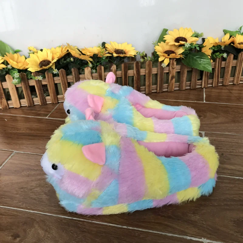 Cute fashion winter cute rainbow colorful alpaca women indoor slipper