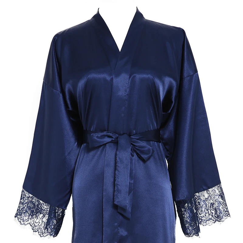 Long Silk Satin Robe Bridesmaid Robes Lace Robe Bridal Wedding Robe Bathrobe Long Robe Silk Robes for Women Navy Blue