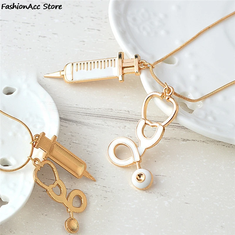 1Pc Medical Stethoscope Syringe Pendant Necklace Snake Chain Needle Metal Alloy For Women Nurses Jewelry Gifts | Украшения и