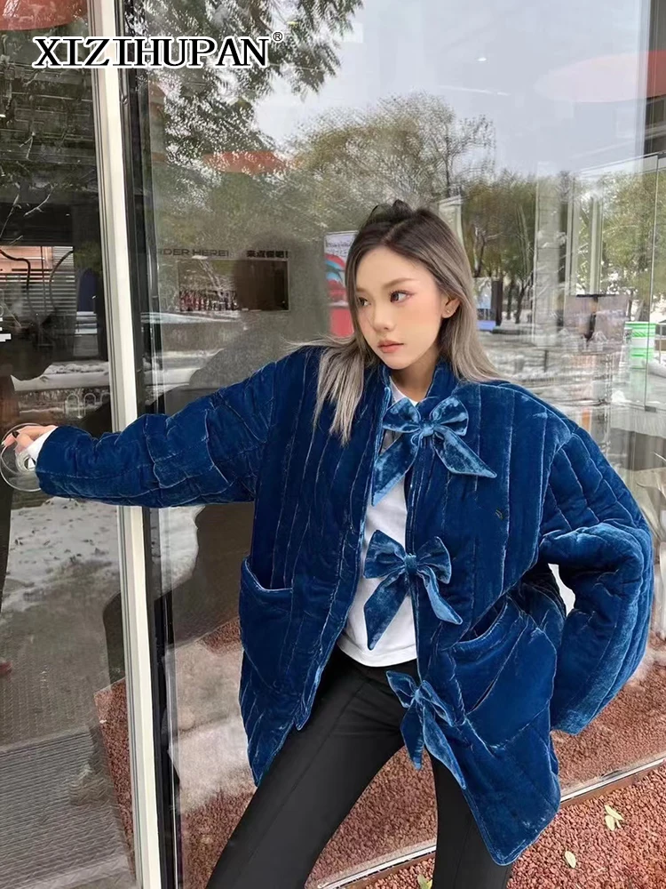 

XIZIHUPAN Vintage Solid Patchwork Bowknot Jacket For Women Stand Collar Long Sleeve Dual Pocket Loose Fashion Winter Coat 2021