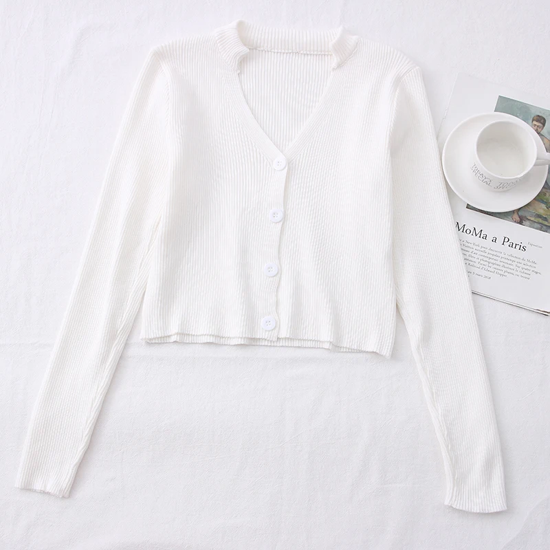 

New Women Knitted Cardigan Long Sleeve V-neck Solid Sweater Coat Korean Single Breasted Short Knitwear Tops Button Office Lady