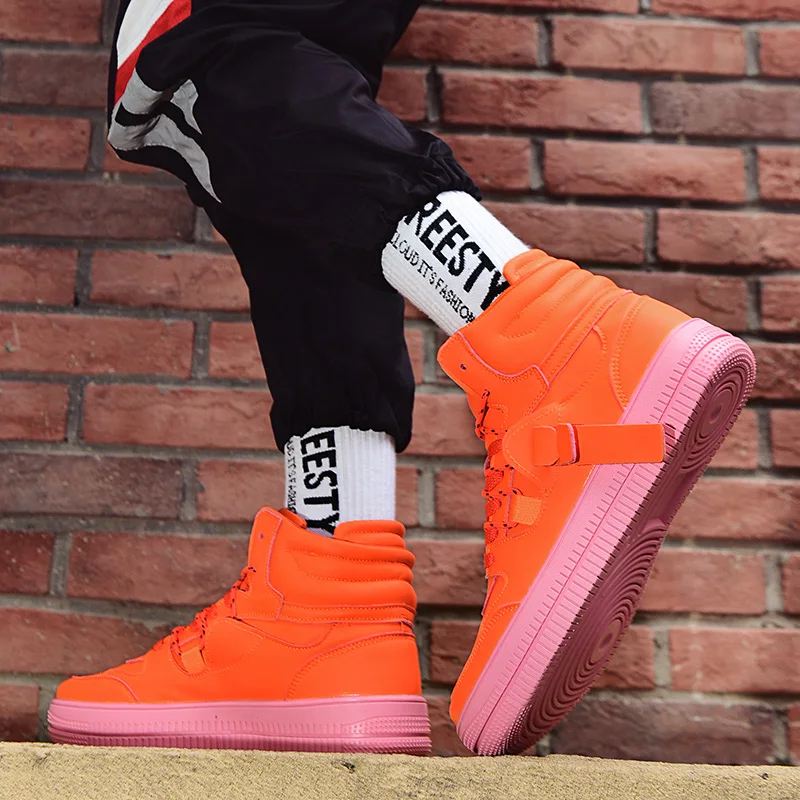 Microfiber Leather Skate Shoes Men Platform Sneakers Orange High-top Men's Skateboarding Shoes Casual Flat Designer Sneakers Men