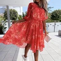 red floral dress summer clothes for women asymmetrical dress print button sashes midi a line dresses womens boho beach vestidos