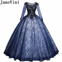 janevini vintage navy long sleeve quinceanera dresses lace appliques luxury sequins illusion tulle women prom formal ball gowns
