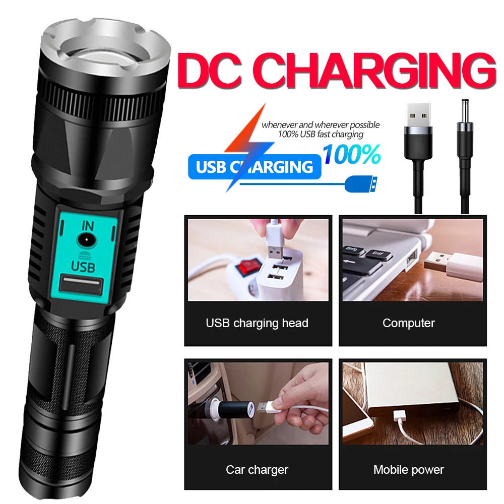Super bright T6 LED flashlight tactical torch waterproof zoom DC charging lantern uses 18650 battery for best lighting outdoor | Лампы и