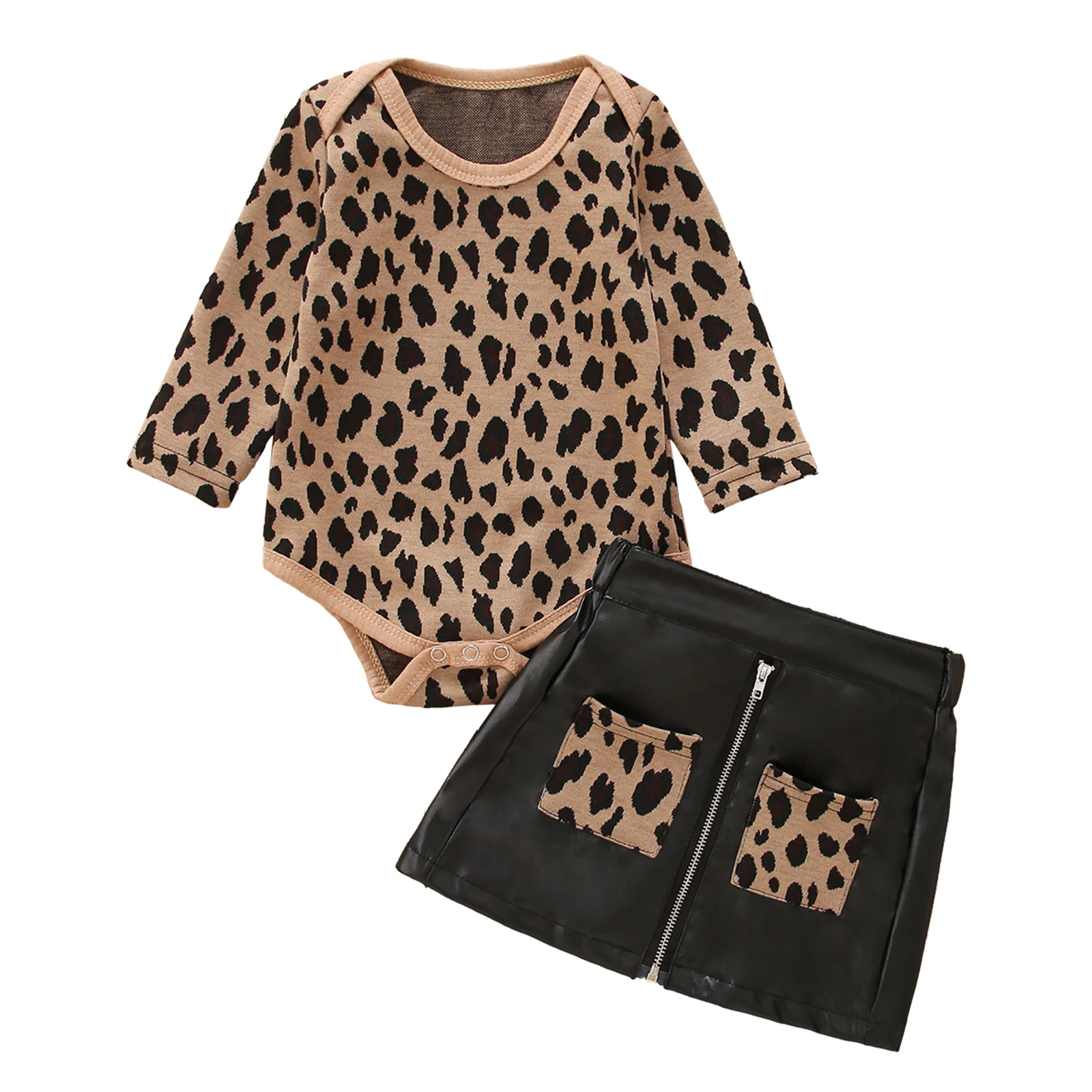 

2Pc Baby Girls Clothing Autumn Toddler Leopard Print Long Sleeve Round Collar Jumpsuit Pocket Zipper PU Leather Skirt Casual Set