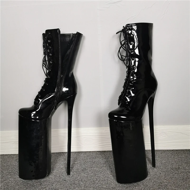 

Original Intention Super Popular 20 cm Platform 30 cm Heel Height Ankle Boots Woman Black White Patent Leather Super High Heels